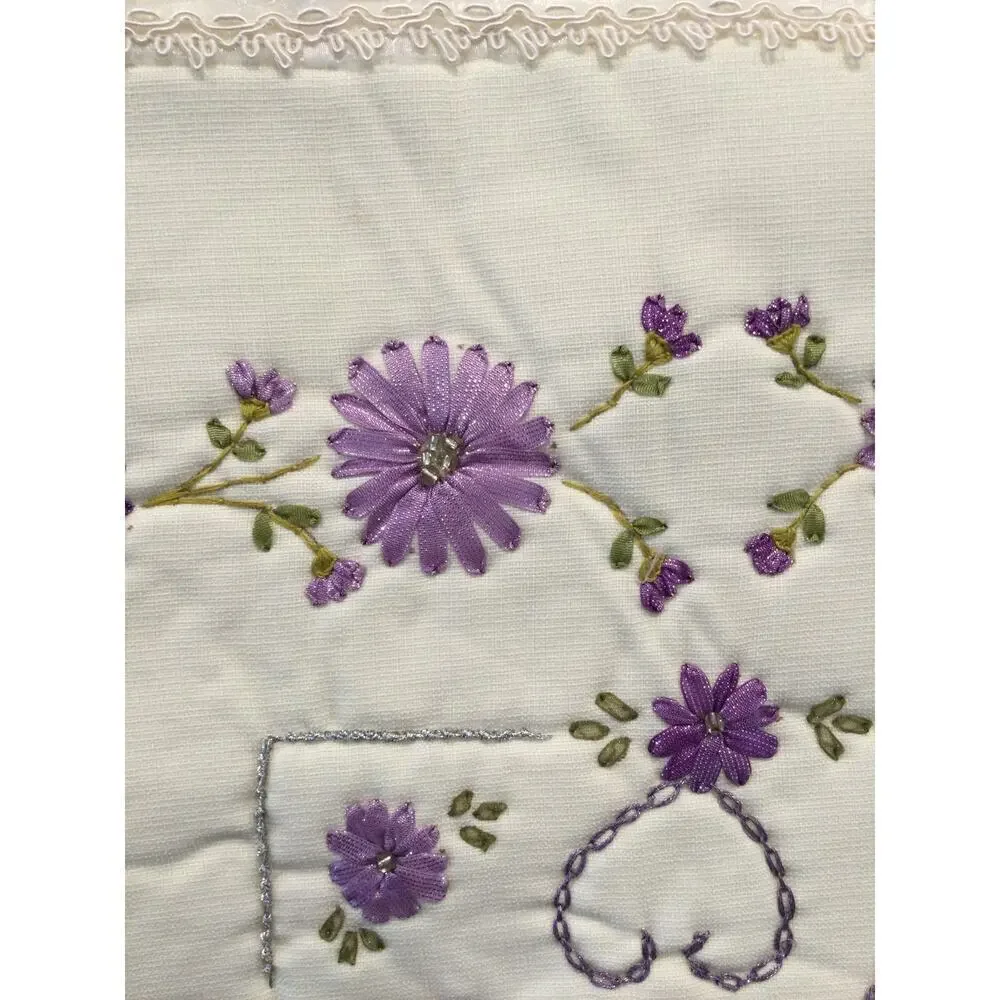 Vtg Handmade Square Pillow Cover‎ Shabby White Purple Flower Lace Valentine Day